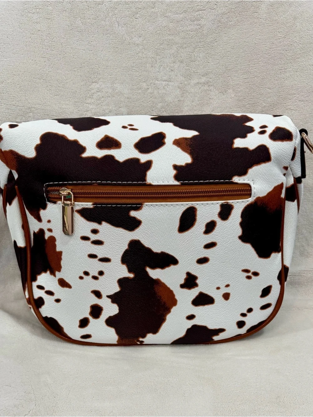 New Cowhide-Print Brown and White Crossbody Bag with Gold Hardware